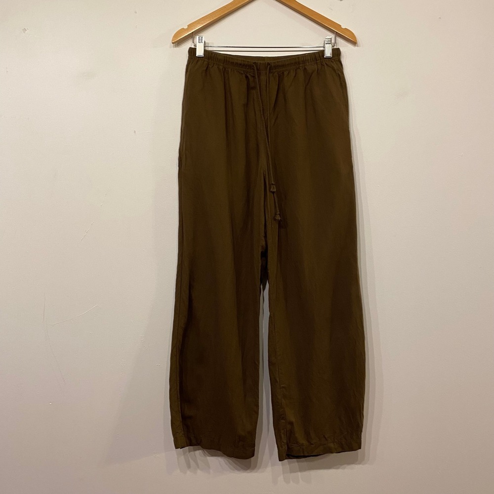 Uniqlo Women Brown Linen Blend Wide Leg Drawstring Pants Size M 432246
